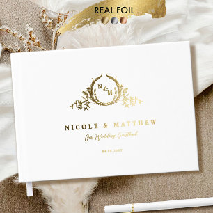 Libro De Visitas Elegante Boda Monograma Blanco y Real Relieve meta