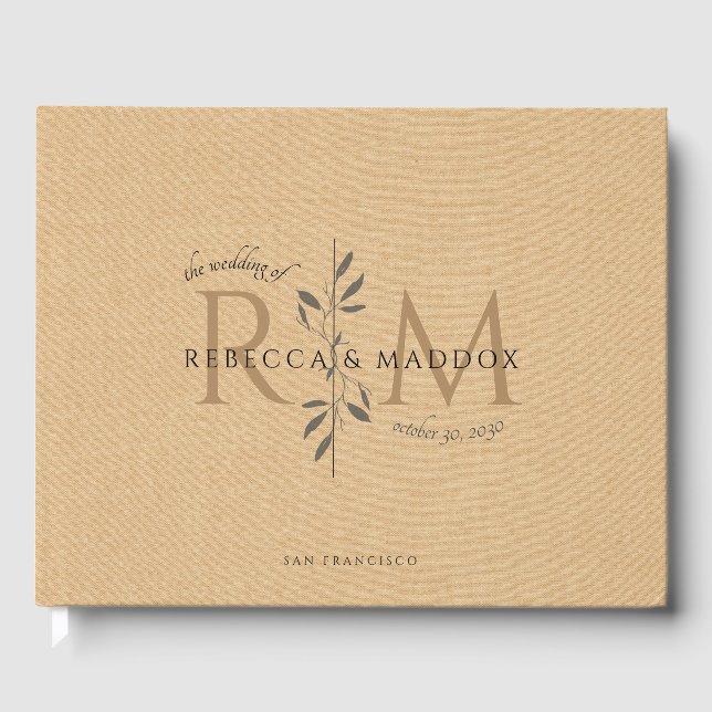 Libro De Visitas Elegante Boda Monograma Botánico de Caramelo (Anverso)