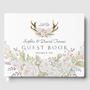 Libro De Visitas Elegante Boda Monograma de Flores Blancas