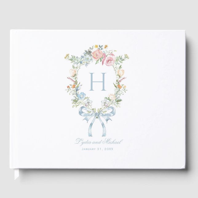Libro De Visitas Elegante Boda Monograma Escudo Floral (Anverso)