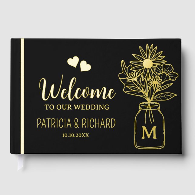 Libro De Visitas Elegante Boda Monogramado Negro Y Oro (Anverso)