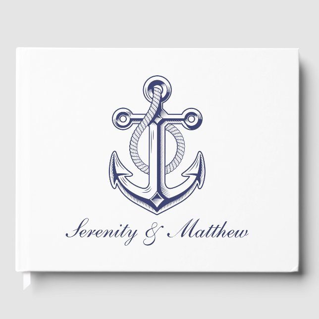 Libro De Visitas Elegante Boda Náutico Navy Anchor Azul Sailor (Anverso)