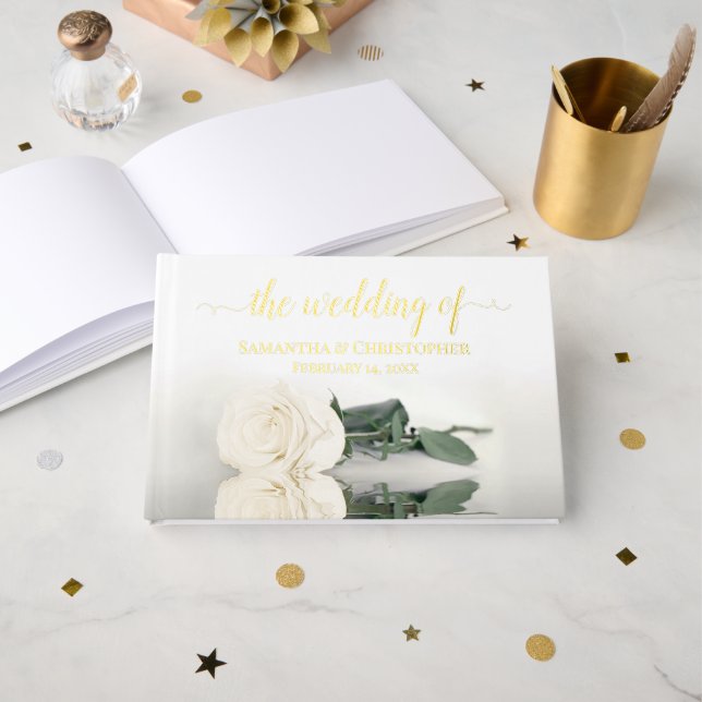 Libro De Visitas Elegante Boda pequeño Rosa Blanca de Marfil (Anverso Abierto)