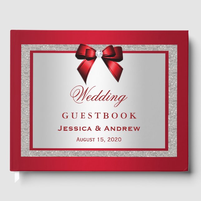 Libro De Visitas Elegante Boda Purpurina rojo y plateado (Anverso)