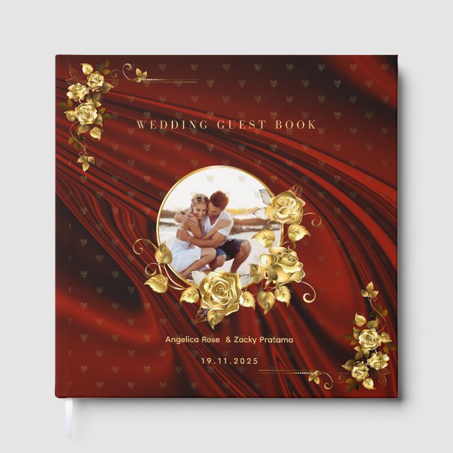 Libro De Visitas Elegante Boda rojo y oro personalizado (Anverso)