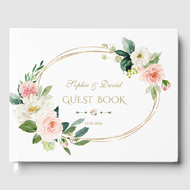 Libro De Visitas Elegante Boda Rubor Floral Gold Frame (Anverso)