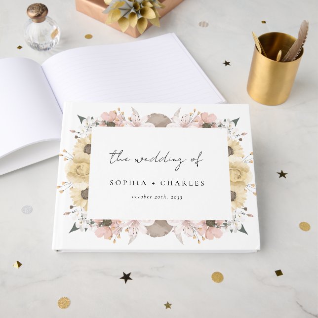 Libro De Visitas Elegante Boda Rústico Rústico Floral Neutral (Anverso Abierto)