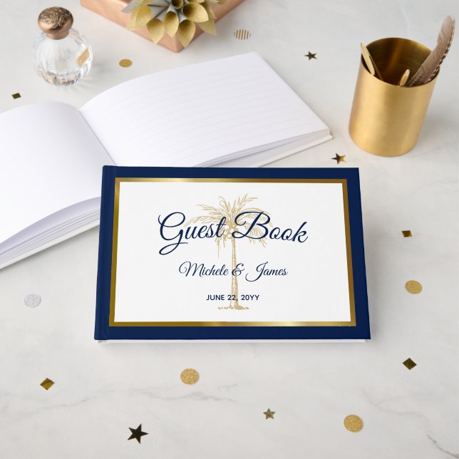 Libro De Visitas Elegante Boda tropical de la Marina Oro Azul (Anverso Abierto)