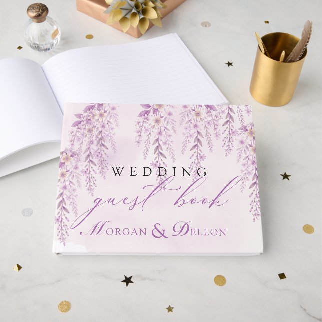 Libro De Visitas Elegante Bodas Florales de Lavanda Suave (Anverso Abierto)