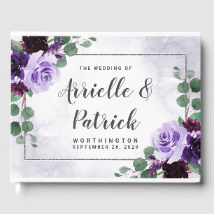 Libro De Visitas Elegante Boho Airy Floral Purple y Silver Boda