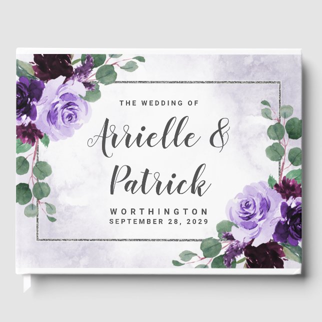 Libro De Visitas Elegante Boho Airy Floral Purple y Silver Boda (Anverso)