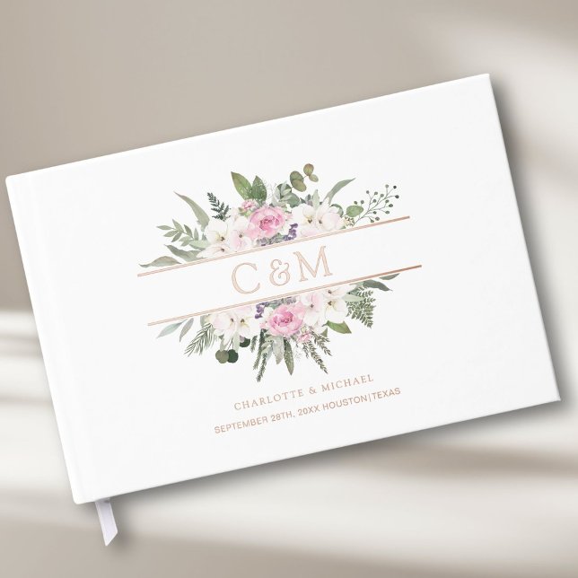 Libro De Visitas Elegante Boho Floral (Customer-specific, Monogram, Wedding Foil Guest Book, available in rose-gold, gold and silver foil. )