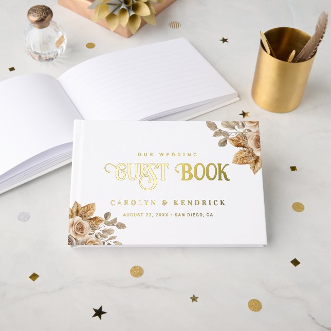 Libro De Visitas Elegante Boho Neutral Accents Floral Boda Gold (Anverso Abierto)