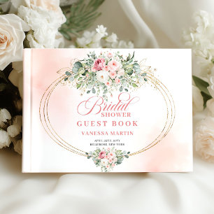 Libro De Visitas Elegante Boho Rosas Rosadas Verde Dorado Nupcial 