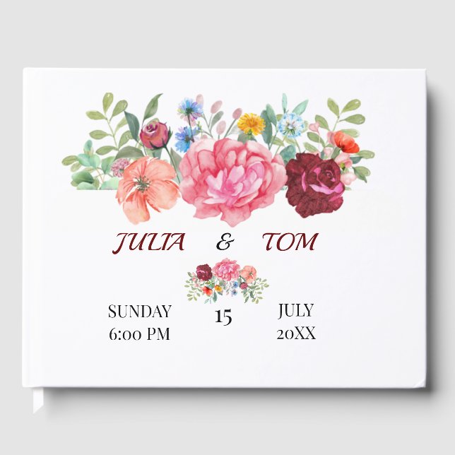 Libro De Visitas Elegante Borgoña y Floral Rosy (Anverso)