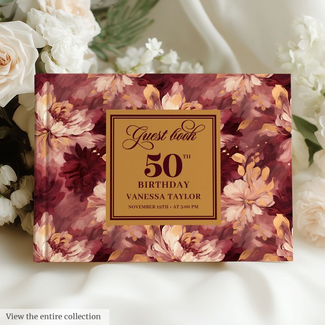 Libro De Visitas Elegante Burgundy Rubor Gold Floral 50 cumpleaños (Elegant Burgundy Blush Gold Floral 50th Birthday Guest Book )