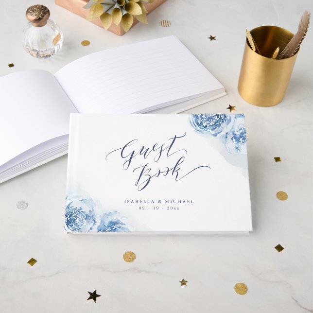 Libro De Visitas Elegante caligrafía azul acuarela boda floral (Anverso Abierto)