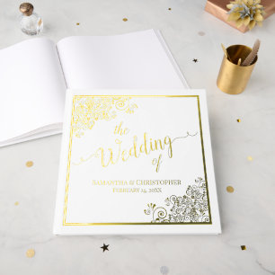 Libro De Visitas Elegante caligrafía Boda blanco y Relieve metaliza