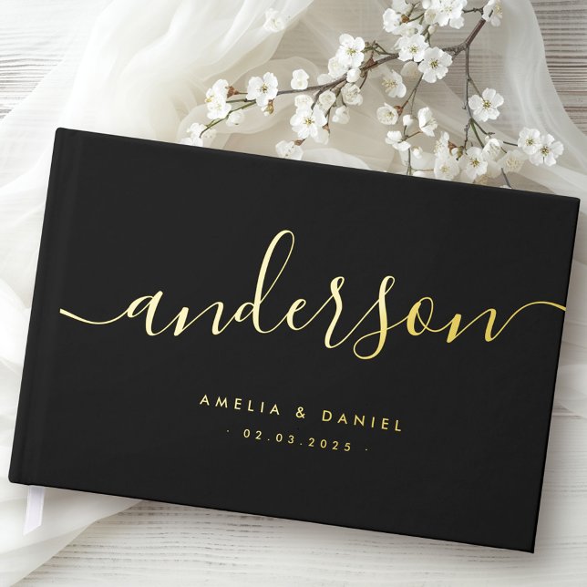 Libro De Visitas Elegante caligrafía boda negro Relieve metalizado  (Elegant calligraphy black wedding real foil guest book)
