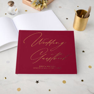 Libro De Visitas Elegante caligrafía Borgoña Red Gold Boda