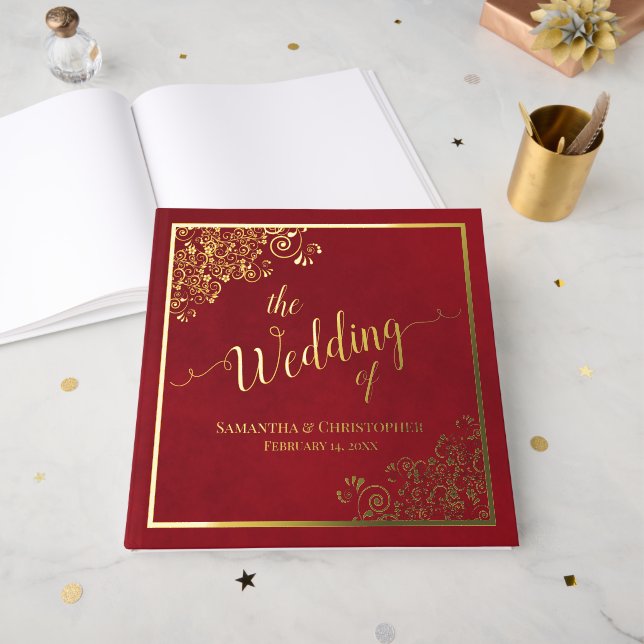 Libro De Visitas Elegante caligrafía Crimson Boda de Relieve metali (Anverso Abierto)