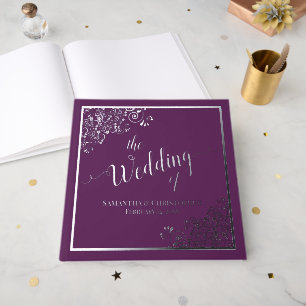 Libro De Visitas Elegante Caligrafía de Hoja de Plata en Boda Morad
