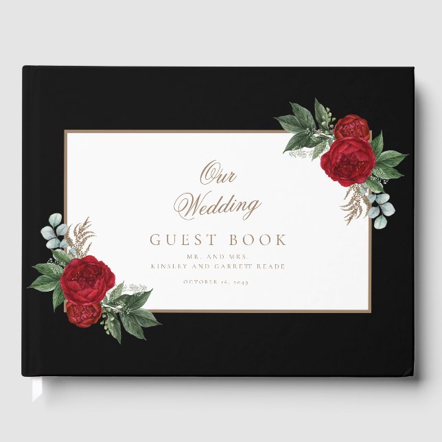 Libro De Visitas Elegante caligrafía de oro Boda floral rojo (Anverso)