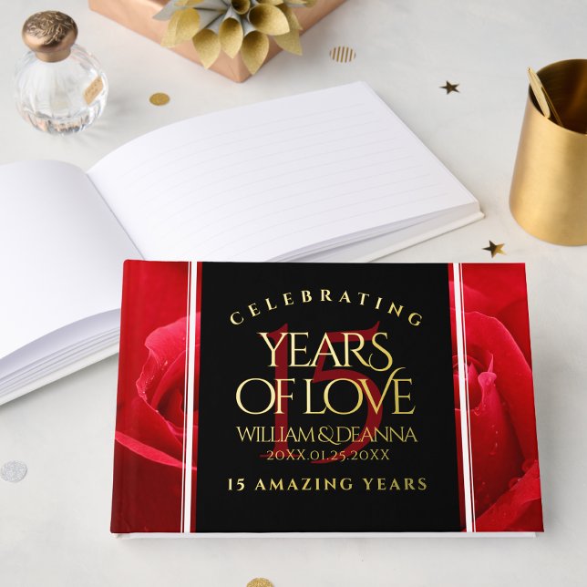 Libro De Visitas Elegante celebración del 15° Rosa de aniversario d (Elegant 15th Rose Wedding Anniversary Guest Book Cover Photo)