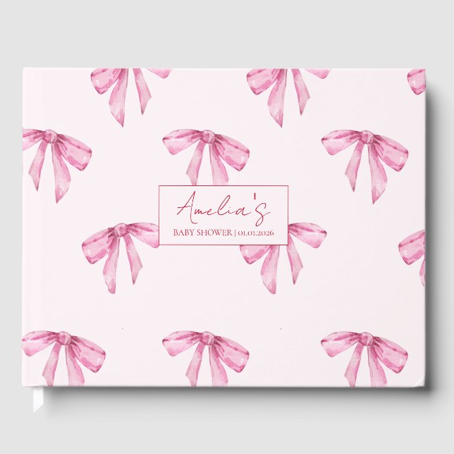 Libro De Visitas Elegante Chica rosado Bow Baby Shower (Anverso)