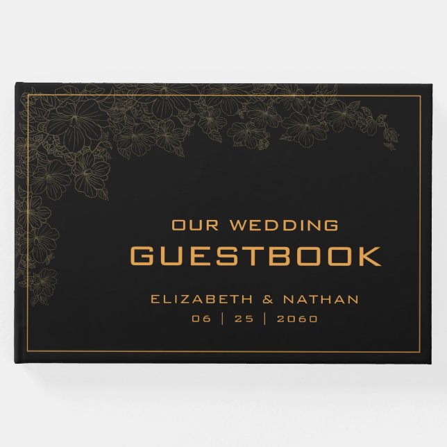 Libro De Visitas Elegante cita de boda negro dorado retro (Anverso)