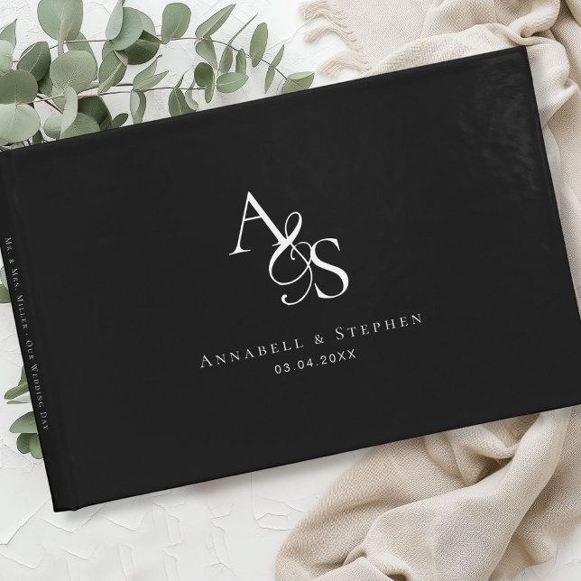 Libro De Visitas Elegante, clásico, monograma, negro, Boda (Elegant, Classic, Monogram, Black & White, Wedding Guest Book)