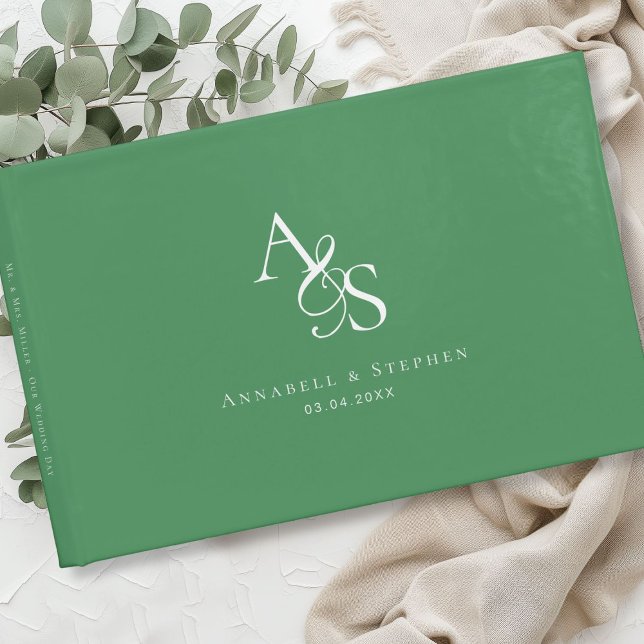 Libro De Visitas Elegante, clásico, monograma, verde-forestal, Boda (Elegant, Classic, Monogram, Green & White, Wedding Guest Book)