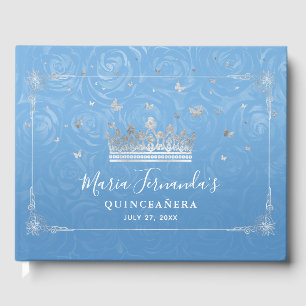 Libro De Visitas Elegante Corona de Azul Bahamas y Plata