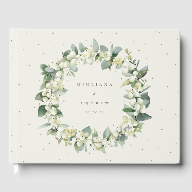 Libro De Visitas Elegante Crema Snowberry + Eucalyptus Wreath Boda (Anverso)