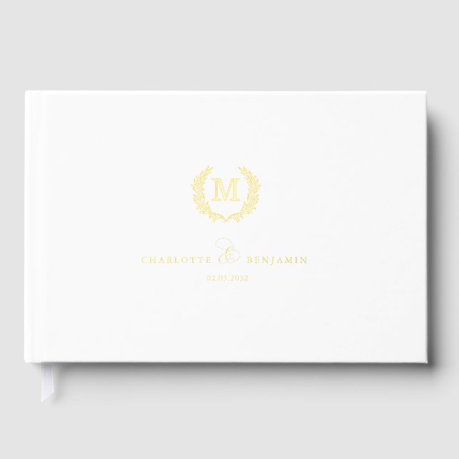 Libro De Visitas Elegante Cresta Monograma Boda Blanco (Anverso)