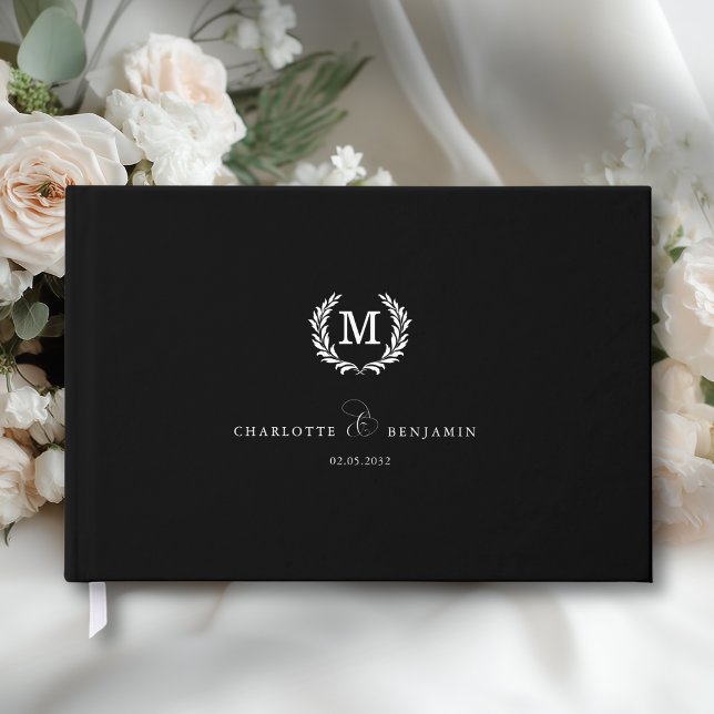 Libro De Visitas Elegante Cresta Monograma Boda Negro (Elegant Crest Monogram Wedding Black Guest Book)