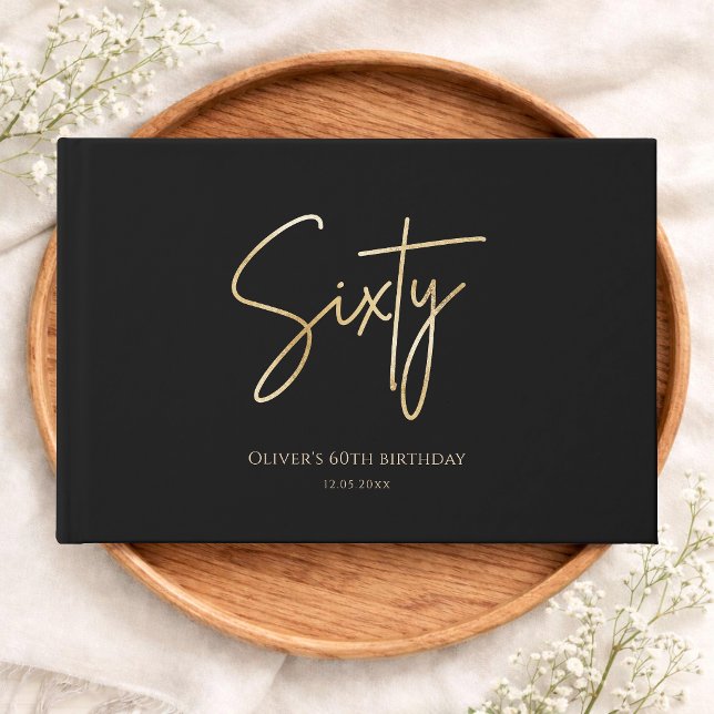 Libro De Visitas Elegante Cumpleaños 60 en Negro y Dorado (Elegant Black & Gold 60th Birthday Guest Book)
