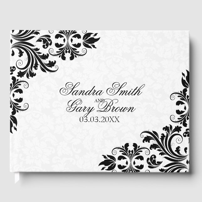 Libro De Visitas Elegante Damasco blanco de encaje negro (Anverso)