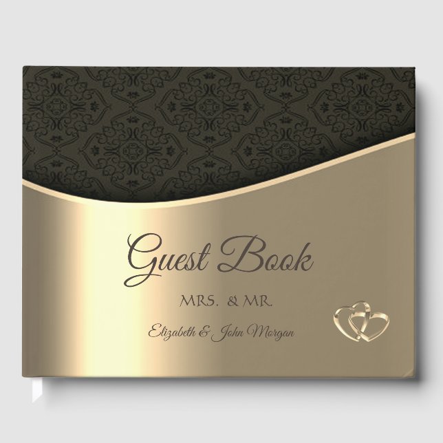 Libro De Visitas Elegante Damasco Negro Boda Dorada (Anverso)