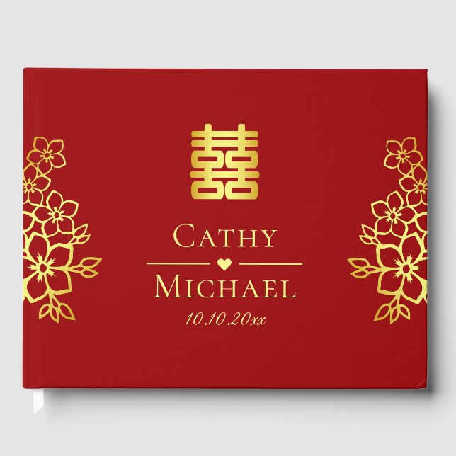 Libro De Visitas Elegante doble felicidad boda chino floral (Anverso)