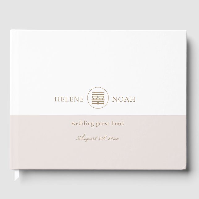 Libro De Visitas Elegante Doble Felicidad Boda Moderno Blanco Rosa (Anverso)