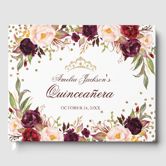 Libro De Visitas Elegante Dorado Burgundy Floral Quinceanera (Anverso)