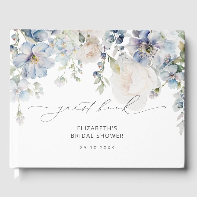 Libro De Visitas Elegante Ducha Azul Floral Bridal (Anverso)