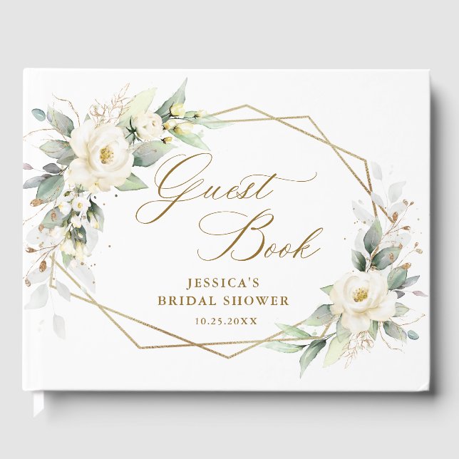 Libro De Visitas Elegante ducha nupcial de rosas blancas Eucalipto (Anverso)