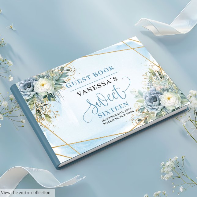 Libro De Visitas Elegante Dusty Azul Floral Blanco Dulce Dieciséis (Stylish Dusty Blue White Floral Sweet 16 Guest Book)