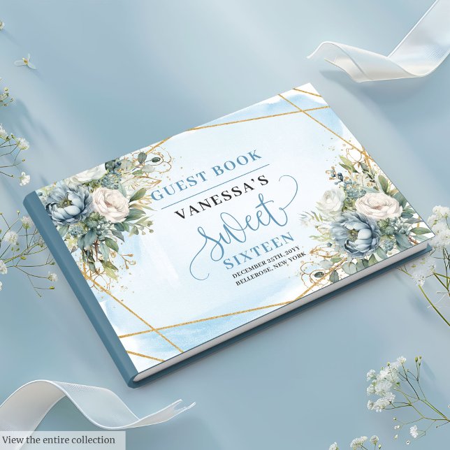 Libro De Visitas Elegante Dusty Azul Floral Blanco Dulce Dieciséis  (Stylish Dusty Blue White Floral Sweet Sixteen Guest Book)