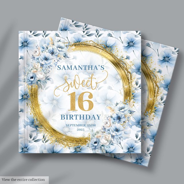 Libro De Visitas Elegante Dusty Blue Floral Gold Sweet 16 Guest Boo (Stylish Dusty Blue Floral Gold Sweet 16 Guest Book)