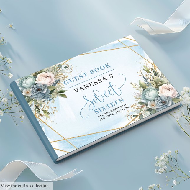 Libro De Visitas Elegante Dusty Blue Gold Floral Sweet 16 (Elegant Dusty Blue White Gold Floral Sweet Sixteen Guest Book)
