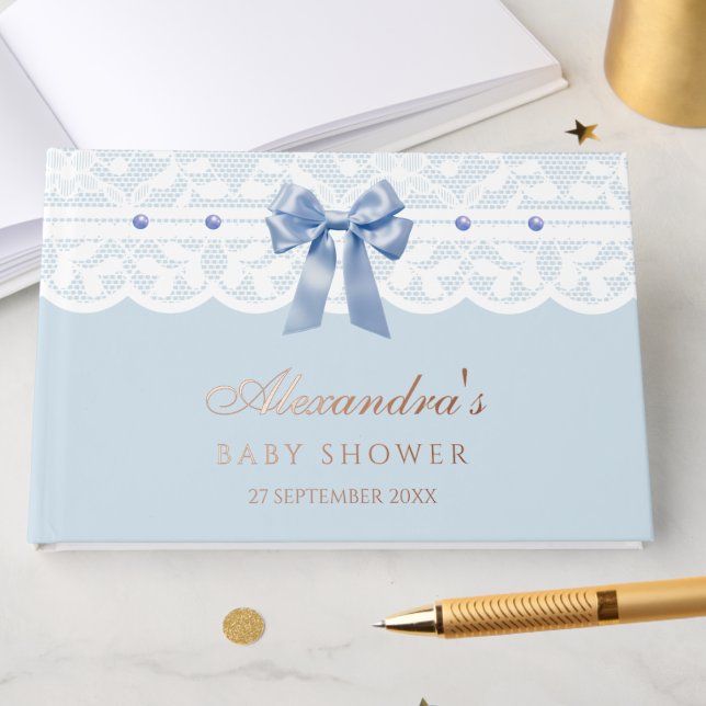 Libro De Visitas Elegante Dusty Blue Pearls Bow Lace Baby Shower (Subido por el creador)