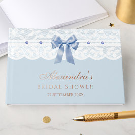 Libro De Visitas Elegante Dusty Blue Pearls Bow Lace Bridal Shower